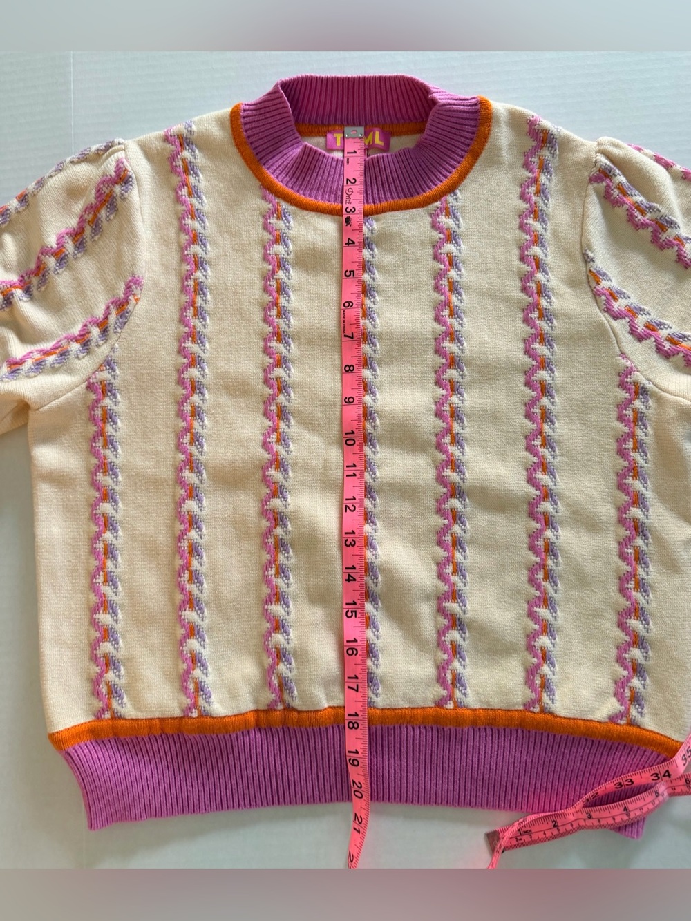 THML Multi-Pattern Short Sleeve Knit Sweater Cream with Pink and Orange Trim M - Picture 6 of 11